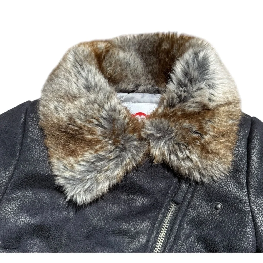 Appaman Moto Jacket Girls Size 5 Black Faux Fur Trim Collar Faux Leather Winter